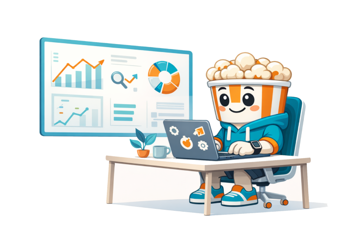 Mascotte Popcorn SEO devant un dashboard analytics
